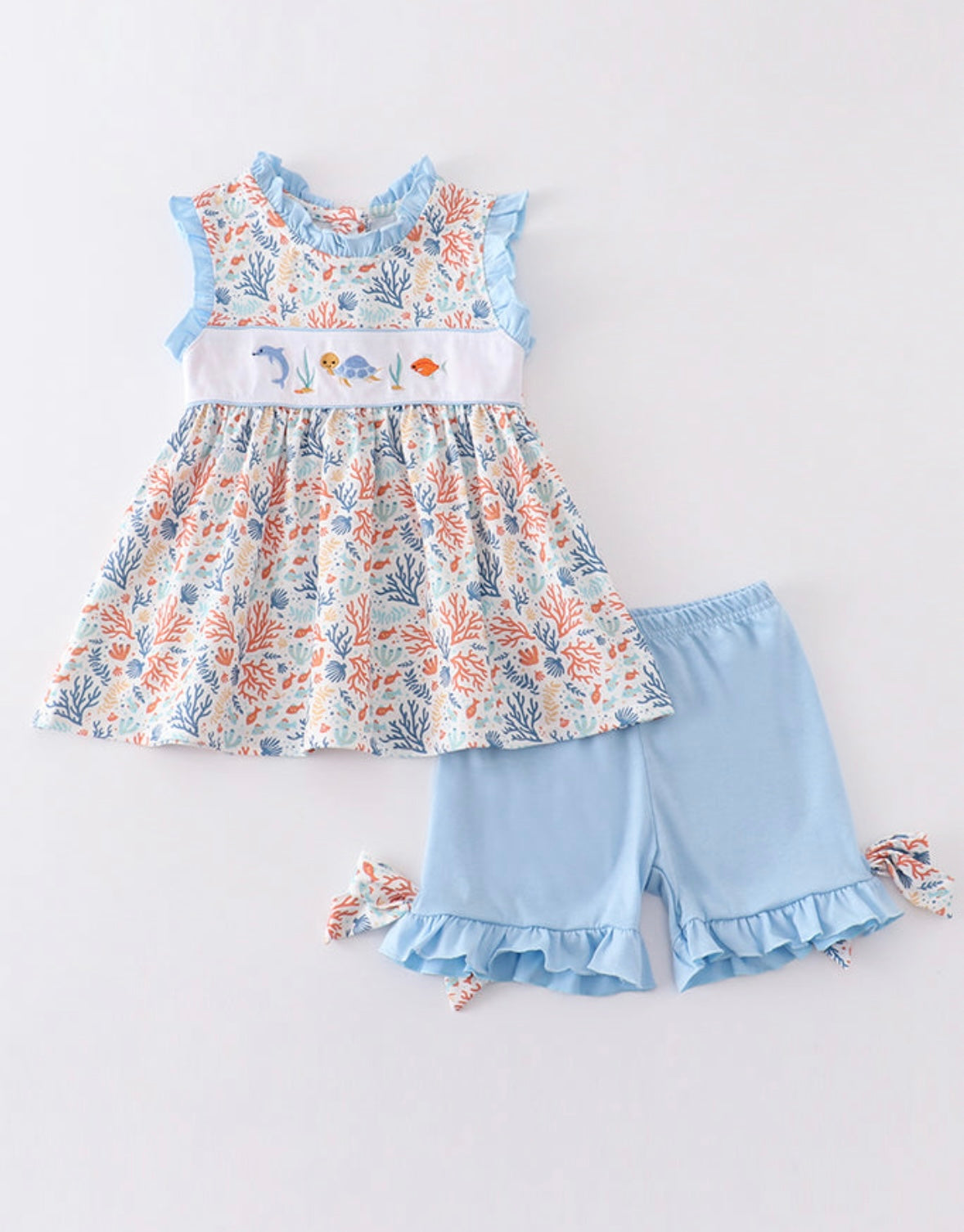 Girls Marine Creature Embroidery Ruffle 2PC Set