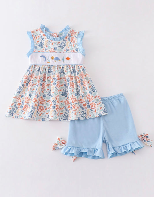 Girls Marine Creature Embroidery Ruffle 2PC Set