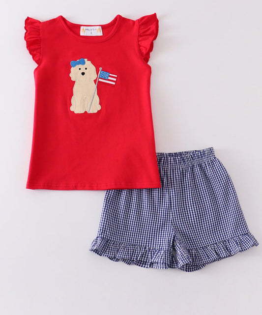 Premium Red patriotic puppy flag applique girl set