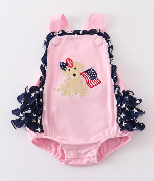 Premium Pink patriotic puppy flag applique girl bubble