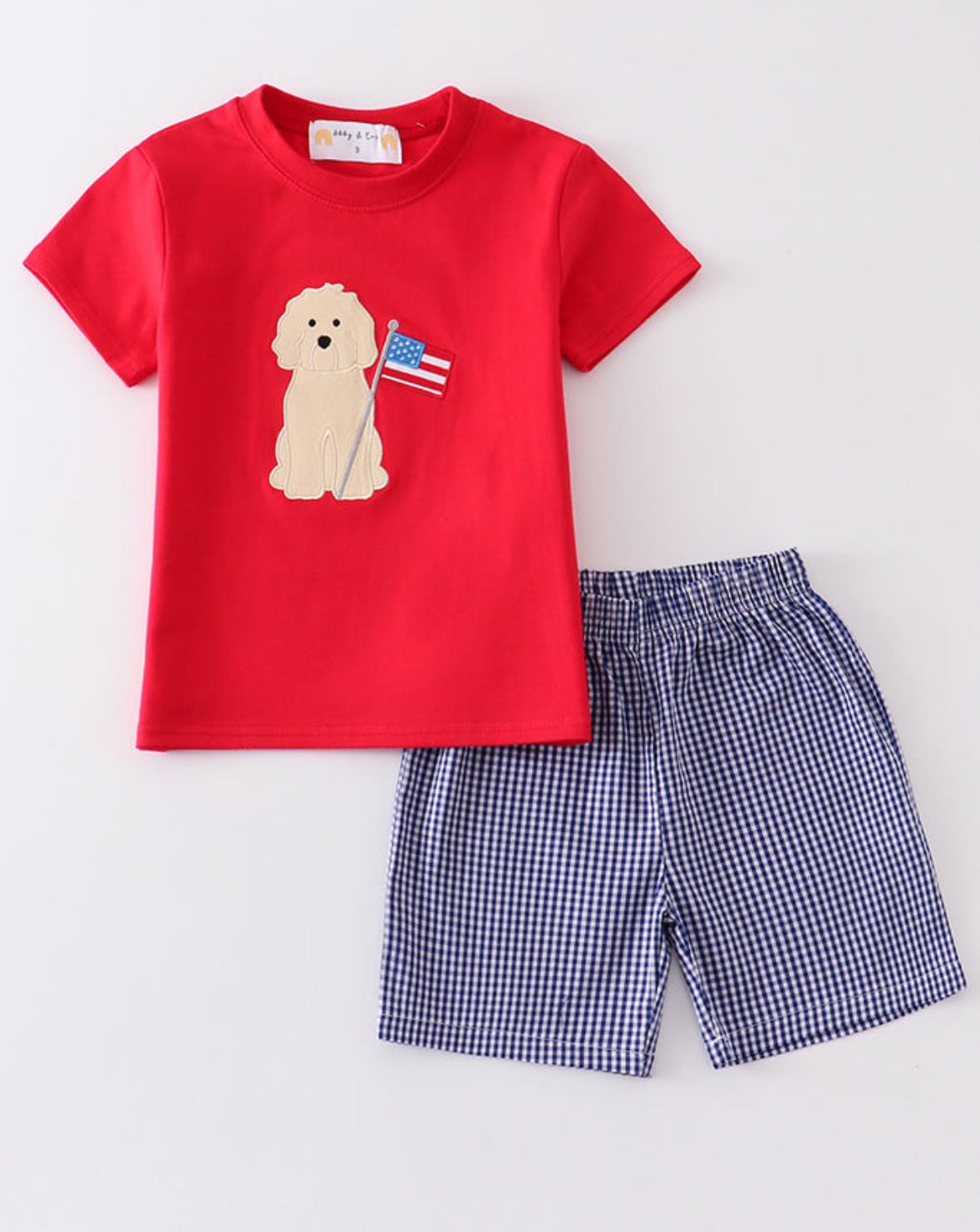 Premium Red patriotic puppy flag applique Boy's Set