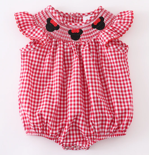 Girls' Woven Gingham Minnie Embroidered Smocked Romper