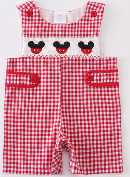 Boys Woven Gingham Mickey Embroidered Smocked Romper